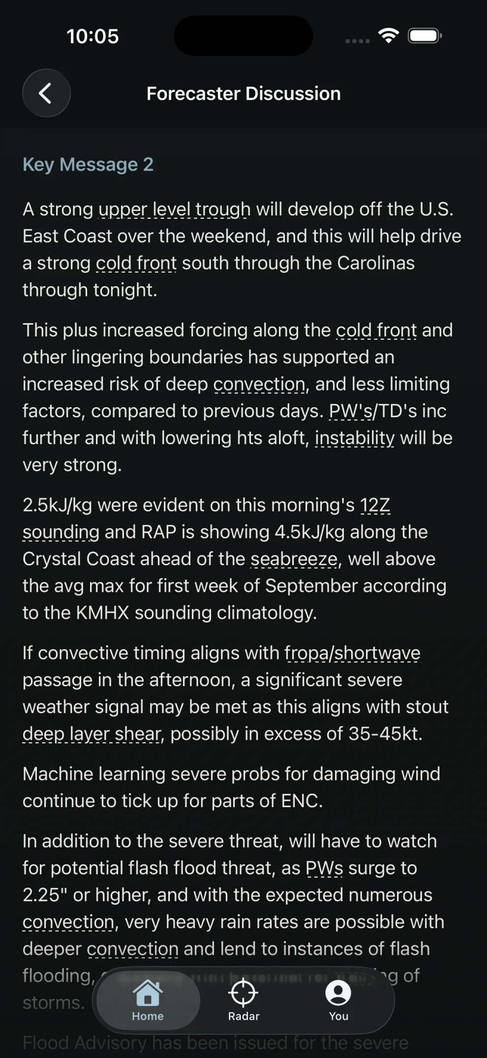 An official National Weather Service discussion with key messages and linked weather terms.