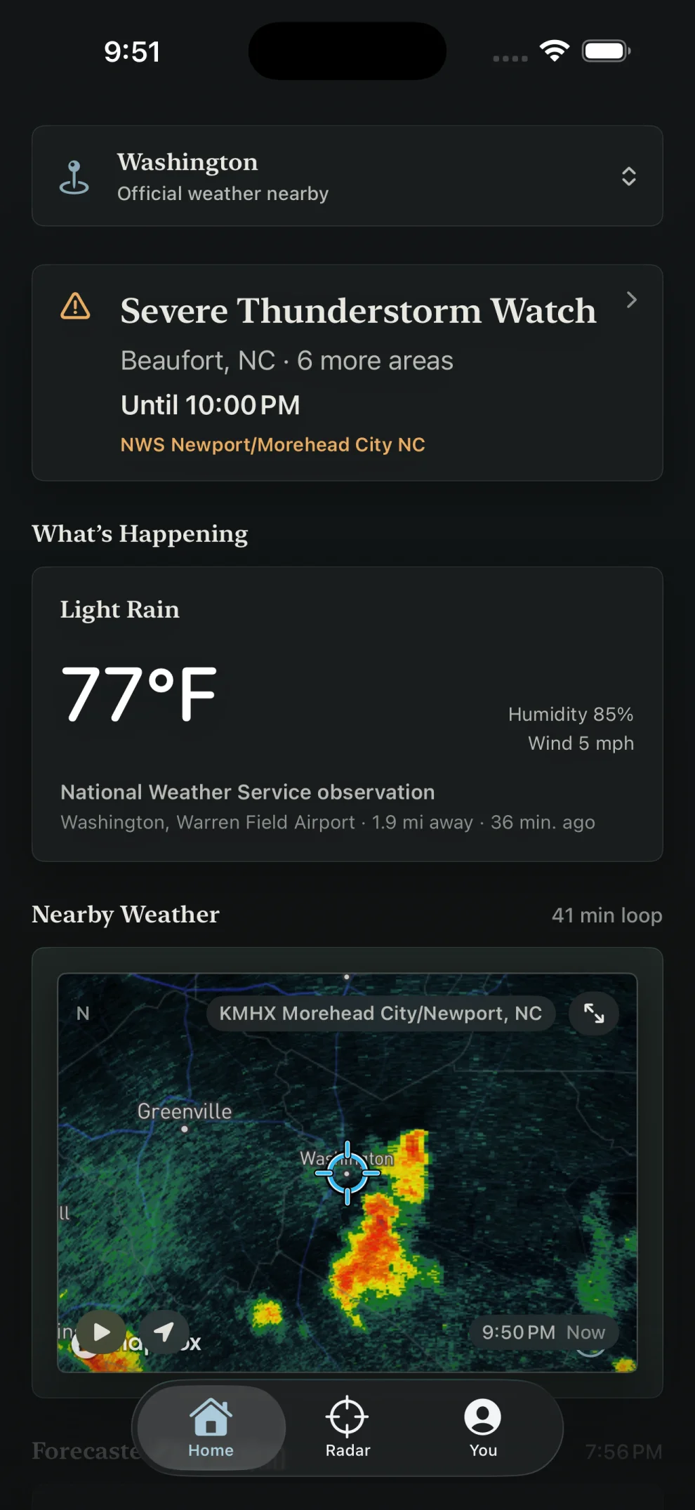 Home in Washington, North Carolina, with current conditions, a weather watch, and nearby precipitation on radar.