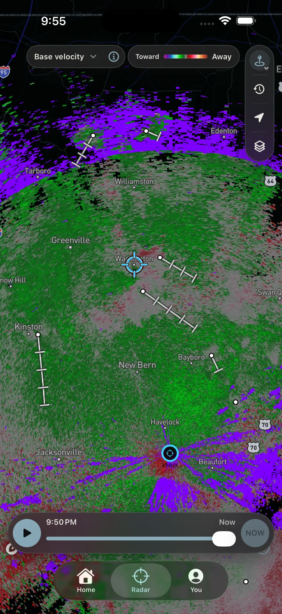 Base velocity radar with a toward-and-away color legend and scan playback.